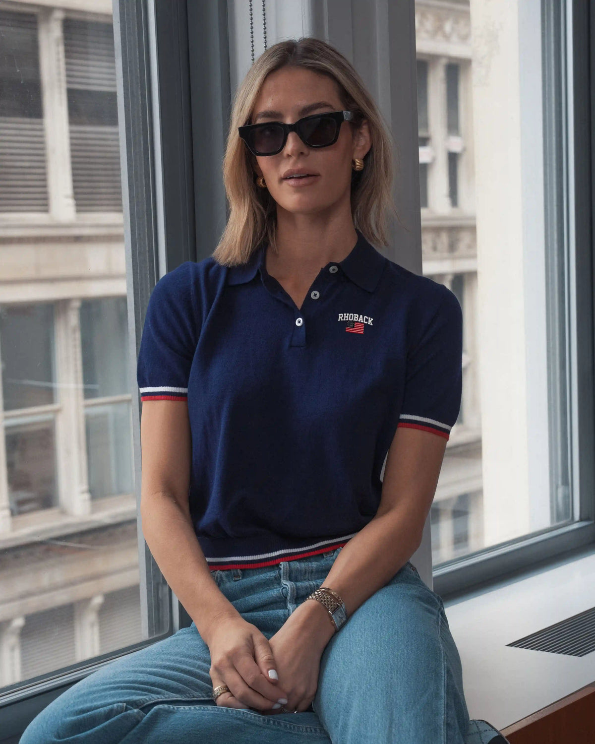 Harbor Sweater Polo | Solid - Fleet Navy - White/Classic Red - RHBCK FLAG 2