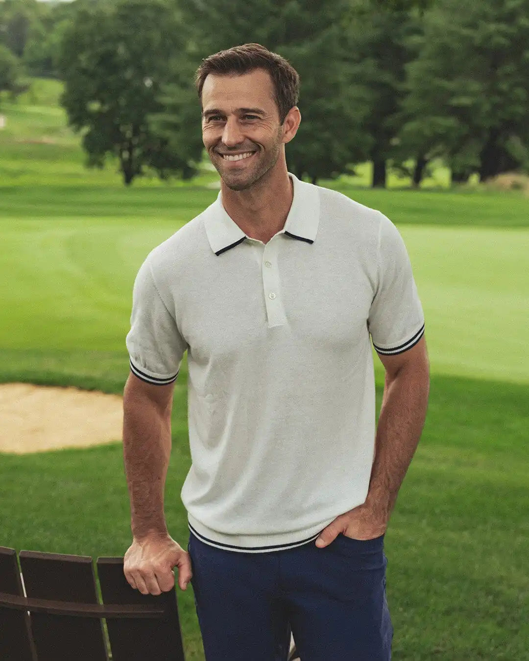 Harbor Stretch Sweater Polo | Solid - Ivory - Fleet Navy
