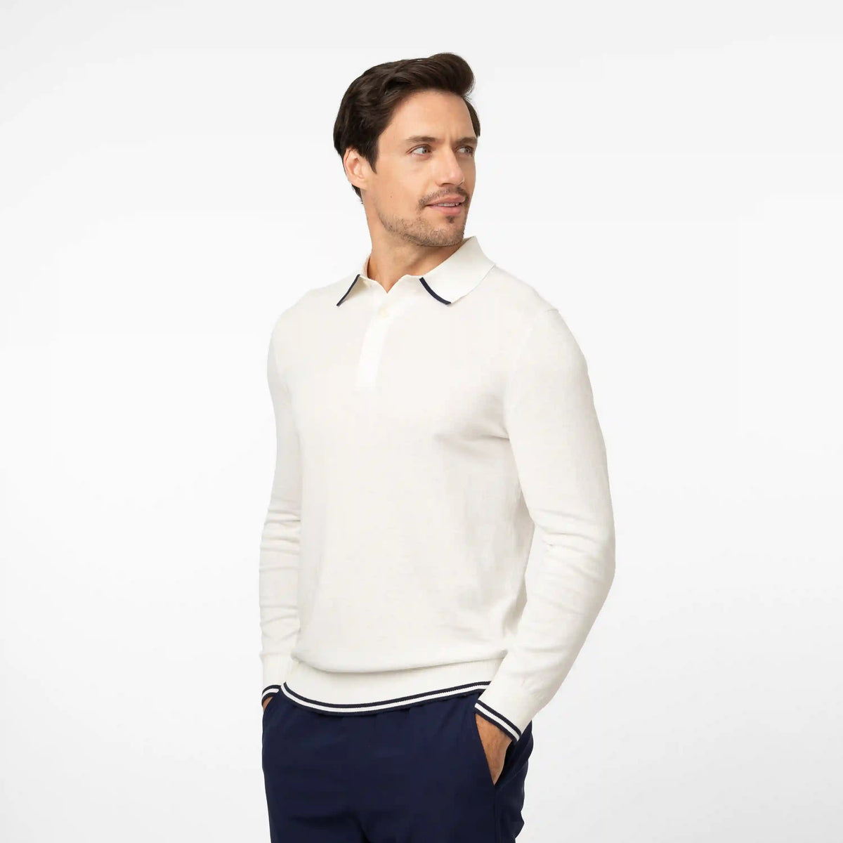 Harbor Stretch Long Sleeve Sweater Polo | Solid - Ivory - Fleet Navy