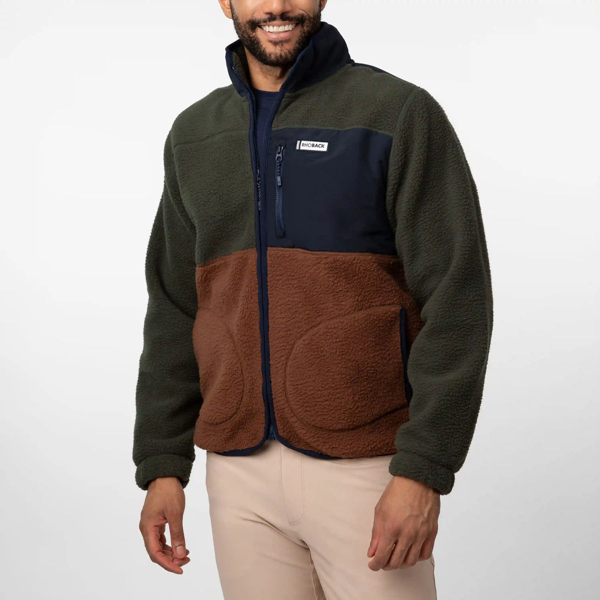 Summit Crest Full-Zip Jacket | Colorblock - Dark Olive/Saddle Brown - Fleet Navy