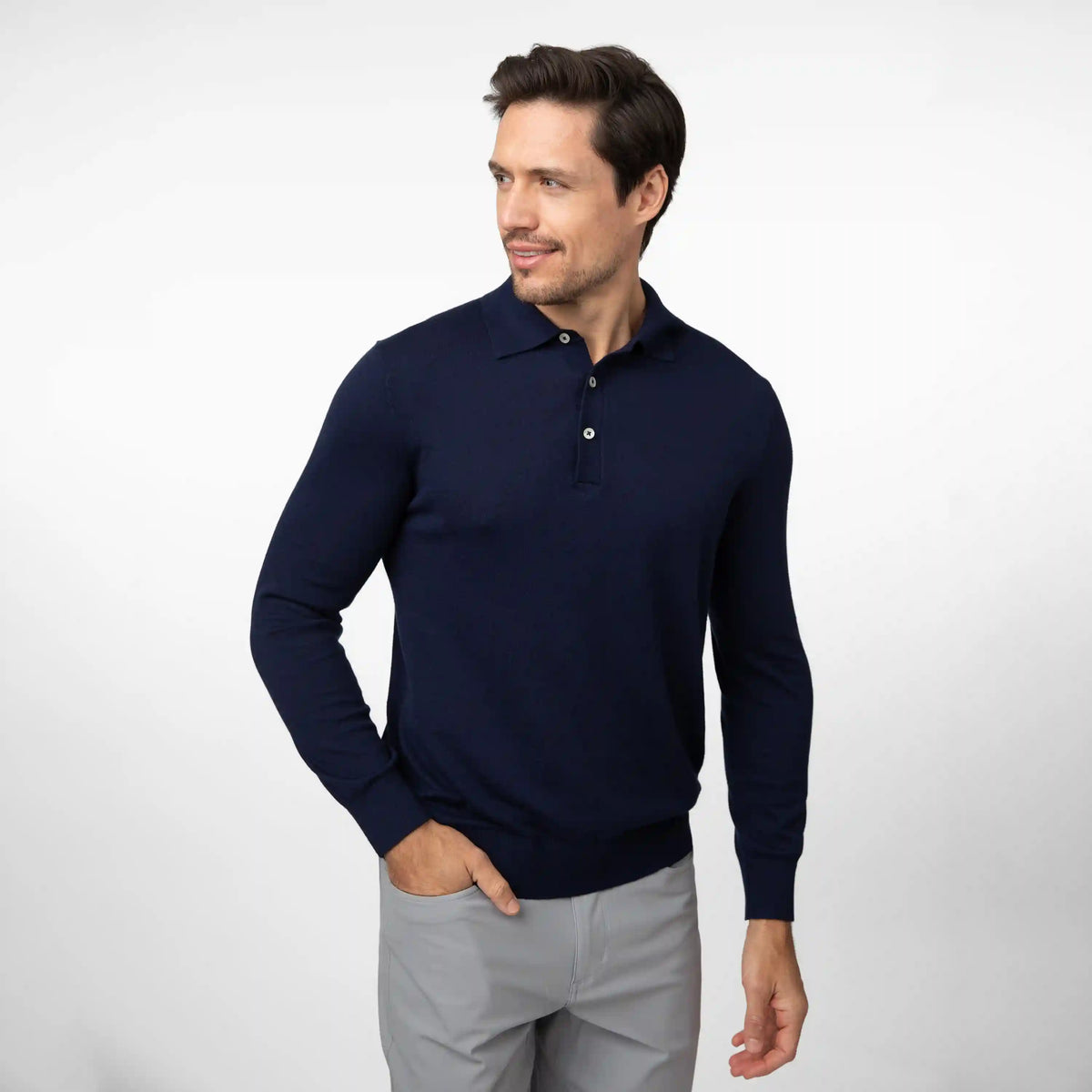 Harbor Stretch Long Sleeve Sweater Polo | Solid - Fleet Navy