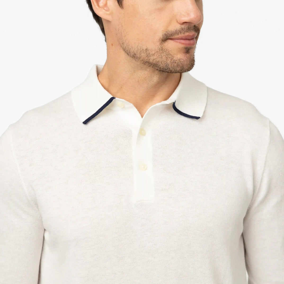 Harbor Stretch Long Sleeve Sweater Polo | Solid - Ivory - Fleet Navy