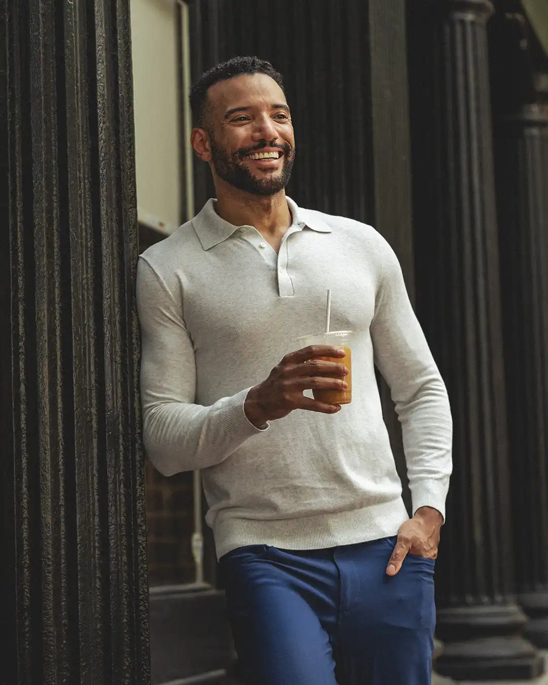 Harbor Stretch Long Sleeve Sweater Polo | Heather - Stainless Steel/White