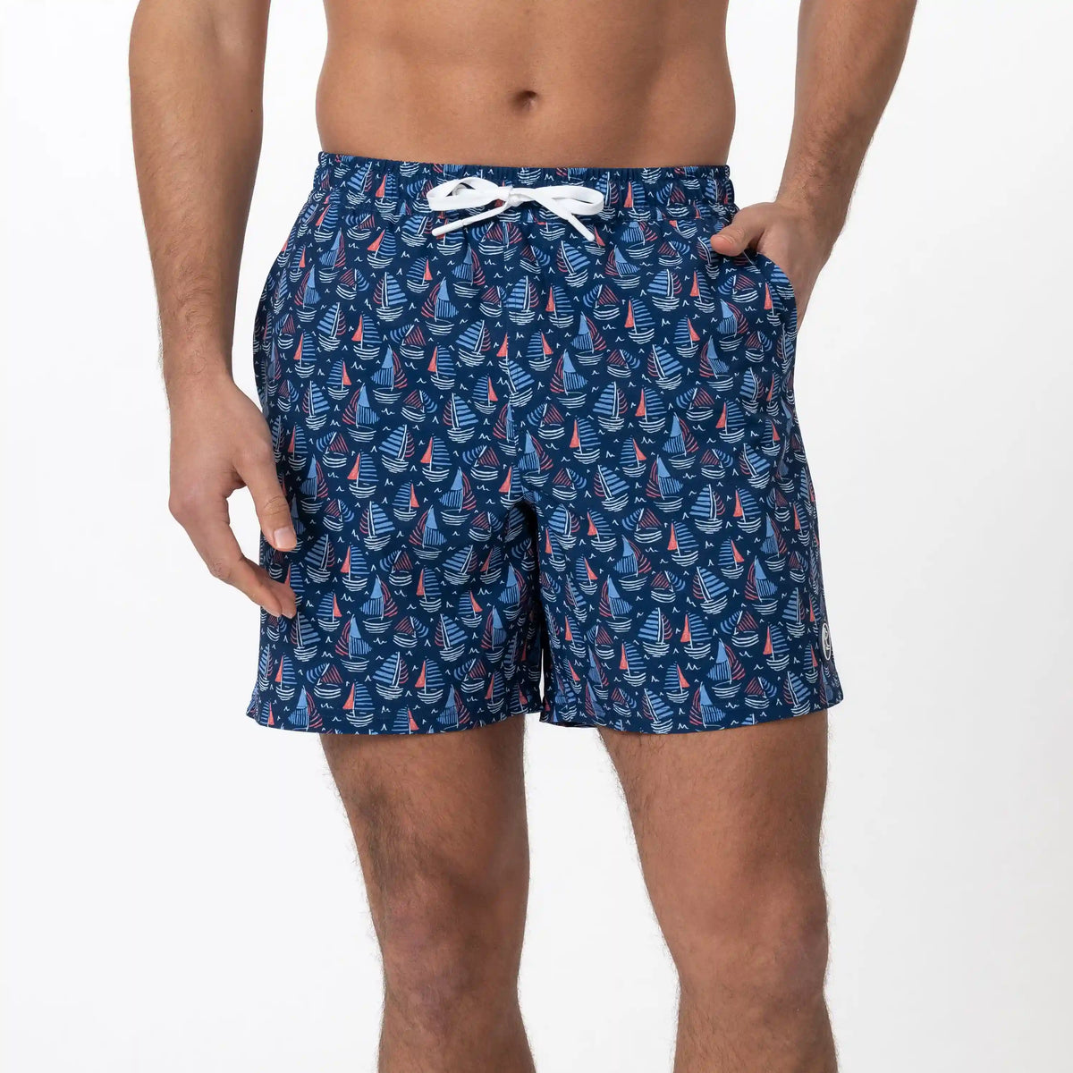 Medley Swim Trunk | The First Mate - Admiral Navy/Sorbet Red
